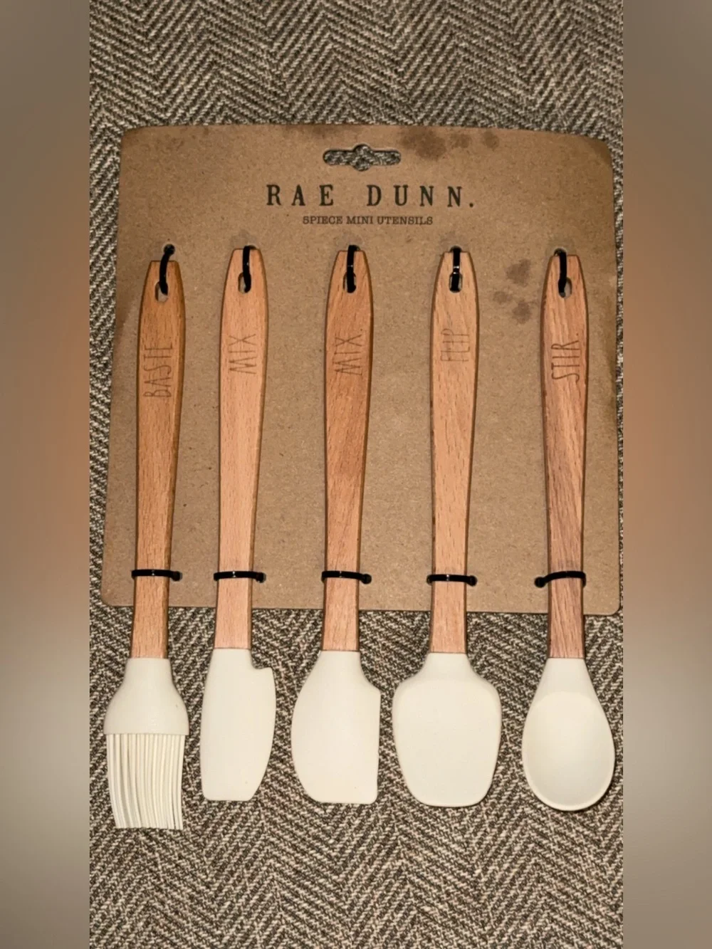 Rae Dunn 5 Piece Kitchen Wooden Utensils in White Silicone baste mix flip stir